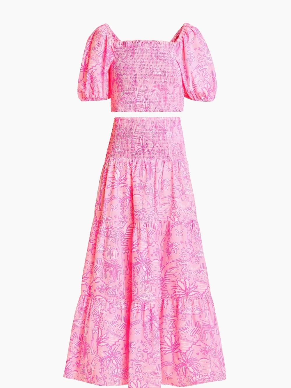 Lilly Pulitzer Pink Smocked Puff-Sleeve Crop Top & Maxi Skirt Set. - Picture 4 of 5